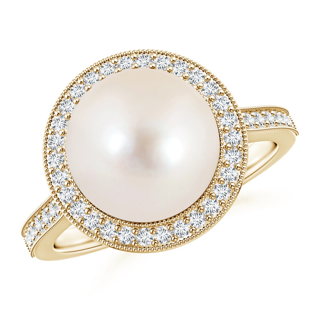 10mm AAAA Freshwater Pearl Halo Ring with Milgrain in Yellow Gold