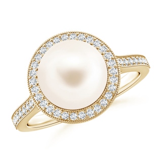 9mm AAA Freshwater Pearl Halo Ring with Milgrain in Yellow Gold