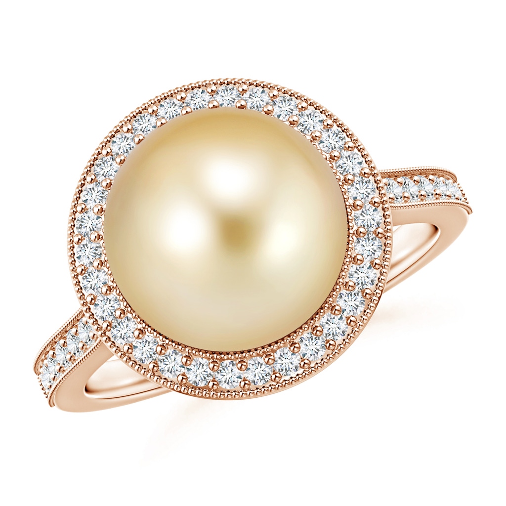 10mm AAAA Golden South Sea Pearl Halo Ring with Milgrain in Rose Gold