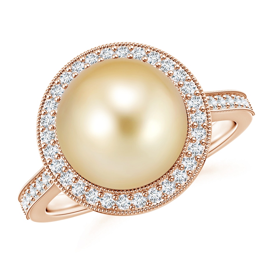 10mm AAAA Golden South Sea Pearl Halo Ring with Milgrain in Rose Gold 