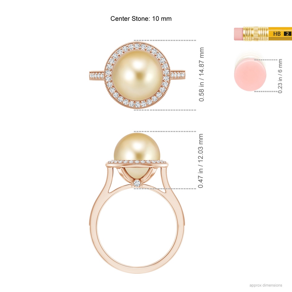 10mm AAAA Golden South Sea Pearl Halo Ring with Milgrain in Rose Gold ruler