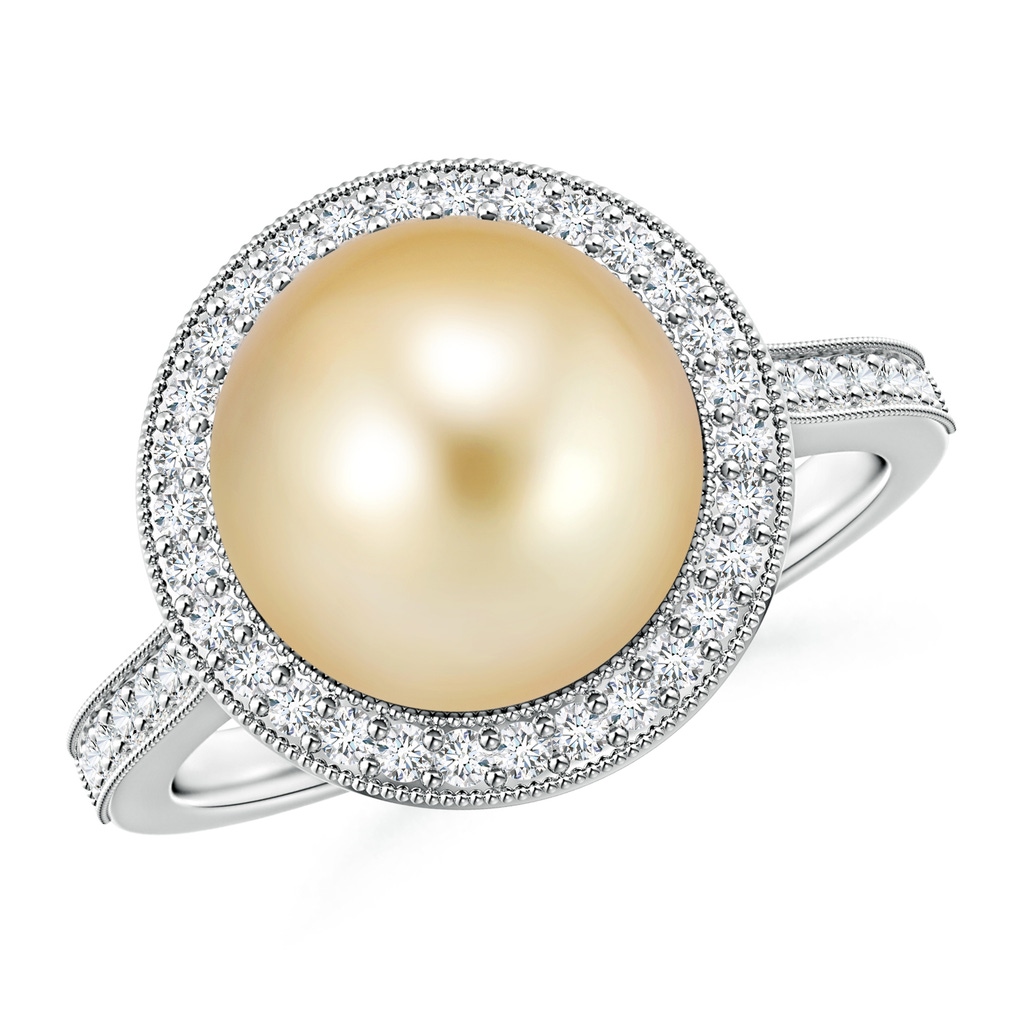 10mm AAAA Golden South Sea Pearl Halo Ring with Milgrain in White Gold