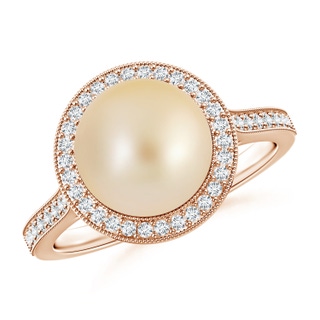 9mm AA Golden South Sea Pearl Halo Ring with Milgrain in Rose Gold