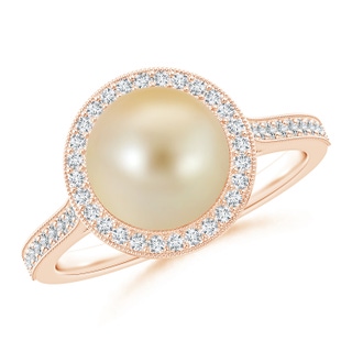 9mm AAA Golden South Sea Pearl Halo Ring with Milgrain in 9K Rose Gold