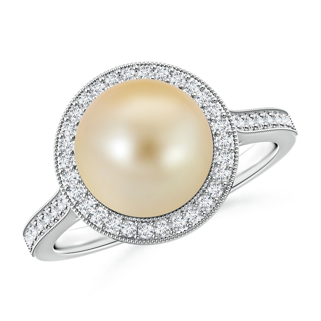 9mm AAA Golden South Sea Pearl Halo Ring with Milgrain in White Gold