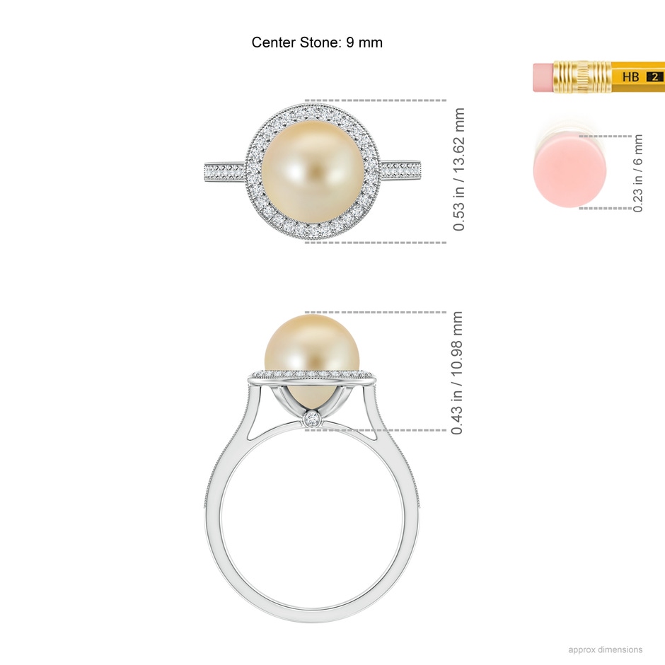 9mm AAA Golden South Sea Pearl Halo Ring with Milgrain in White Gold ruler