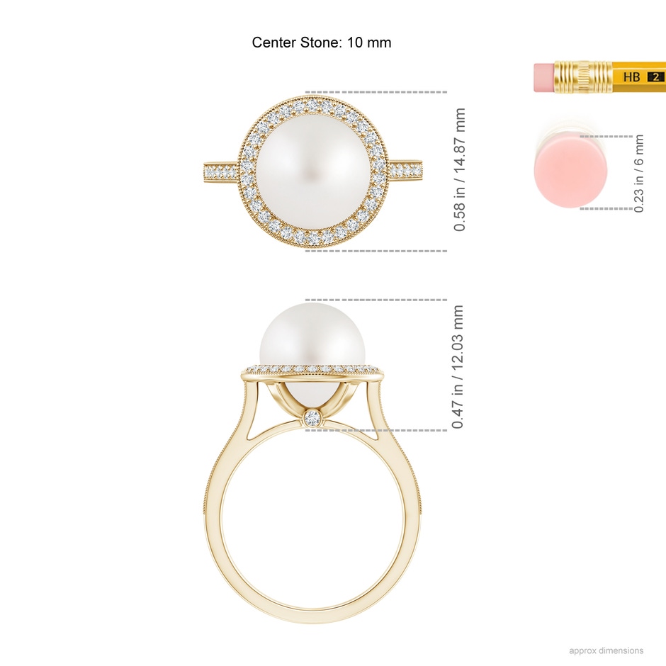 10mm AA South Sea Pearl Halo Ring with Milgrain in Yellow Gold ruler