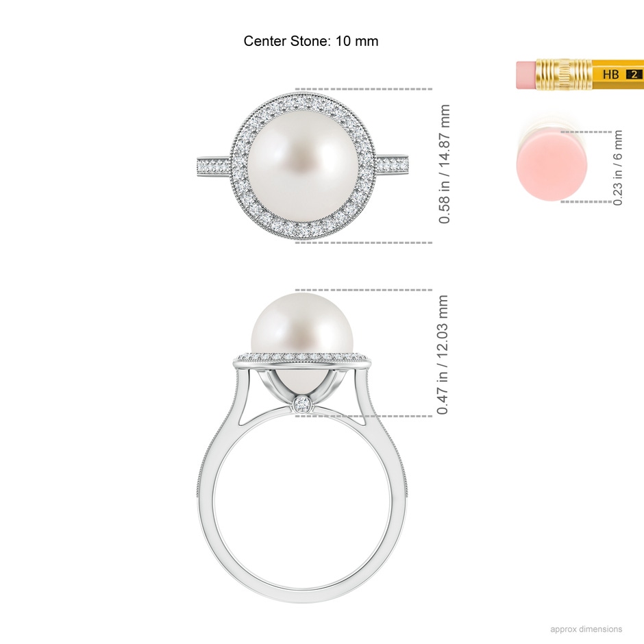 10mm AAA South Sea Pearl Halo Ring with Milgrain in White Gold ruler