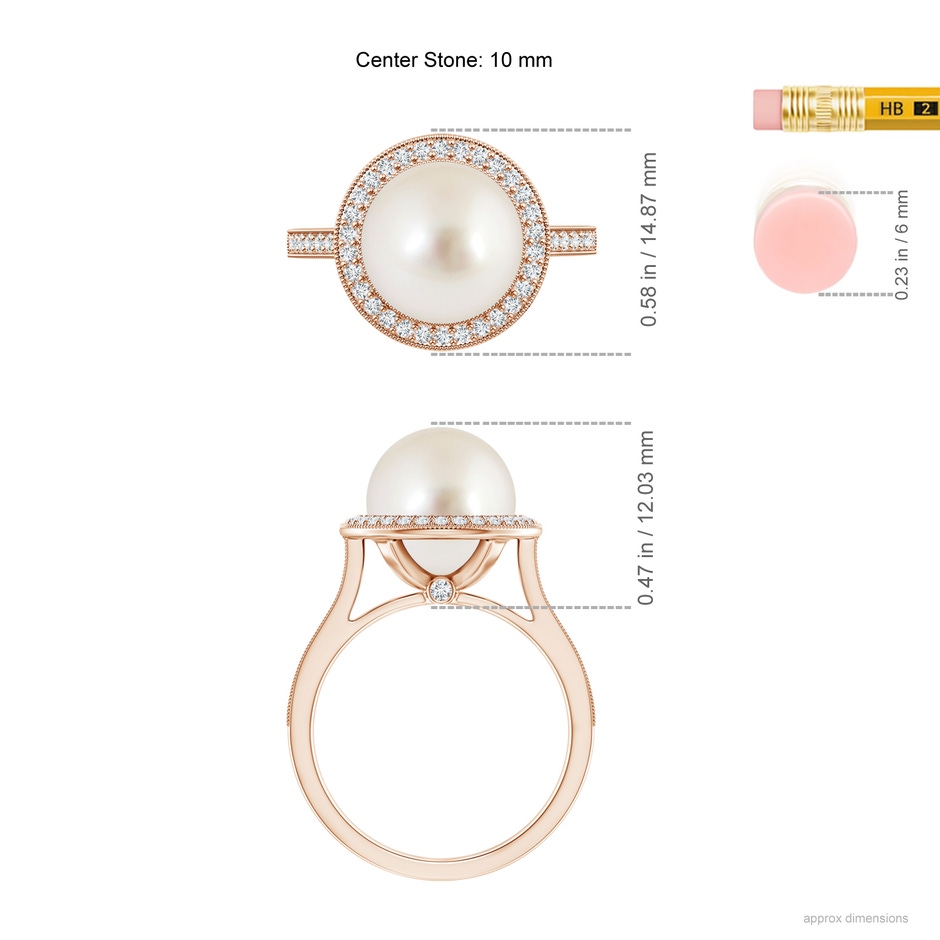10mm AAAA South Sea Pearl Halo Ring with Milgrain in Rose Gold ruler