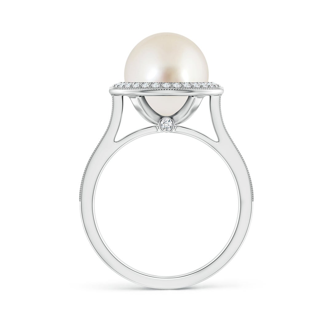 10mm AAAA South Sea Pearl Halo Ring with Milgrain in White Gold - side 2