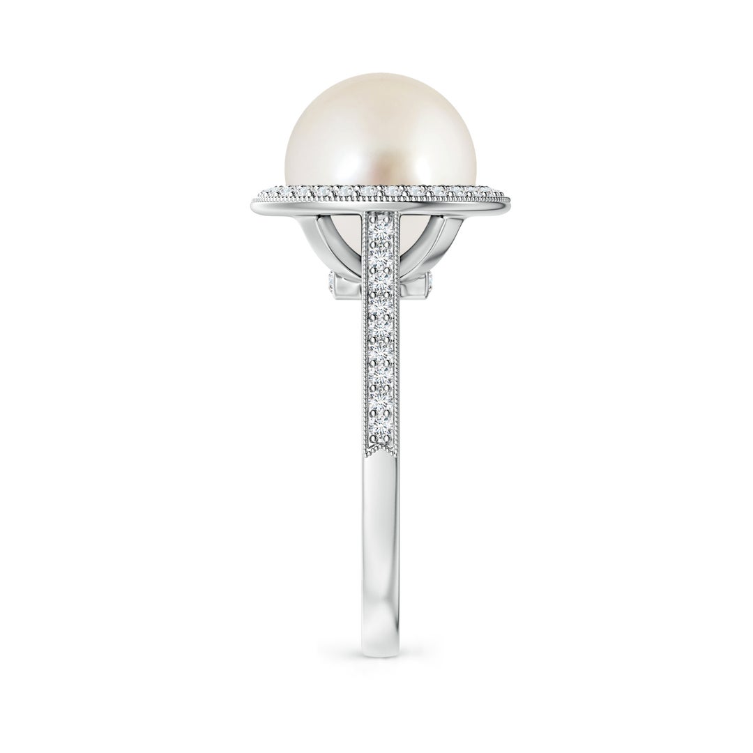 10mm AAAA South Sea Pearl Halo Ring with Milgrain in White Gold - side 3