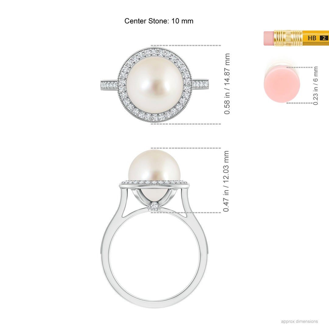 10mm AAAA South Sea Pearl Halo Ring with Milgrain in White Gold - ruler