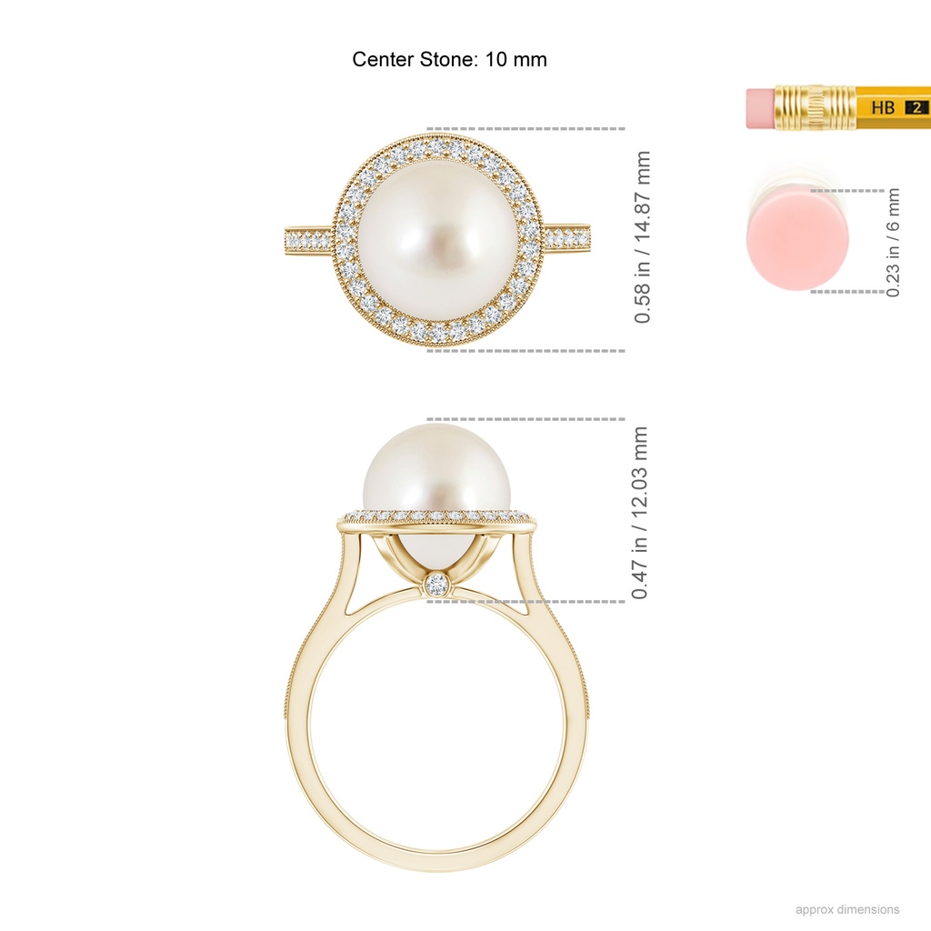 10mm AAAA South Sea Pearl Halo Ring with Milgrain in Yellow Gold Ruler