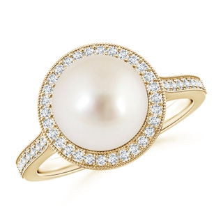 9mm AAAA South Sea Pearl Halo Ring with Milgrain in Yellow Gold