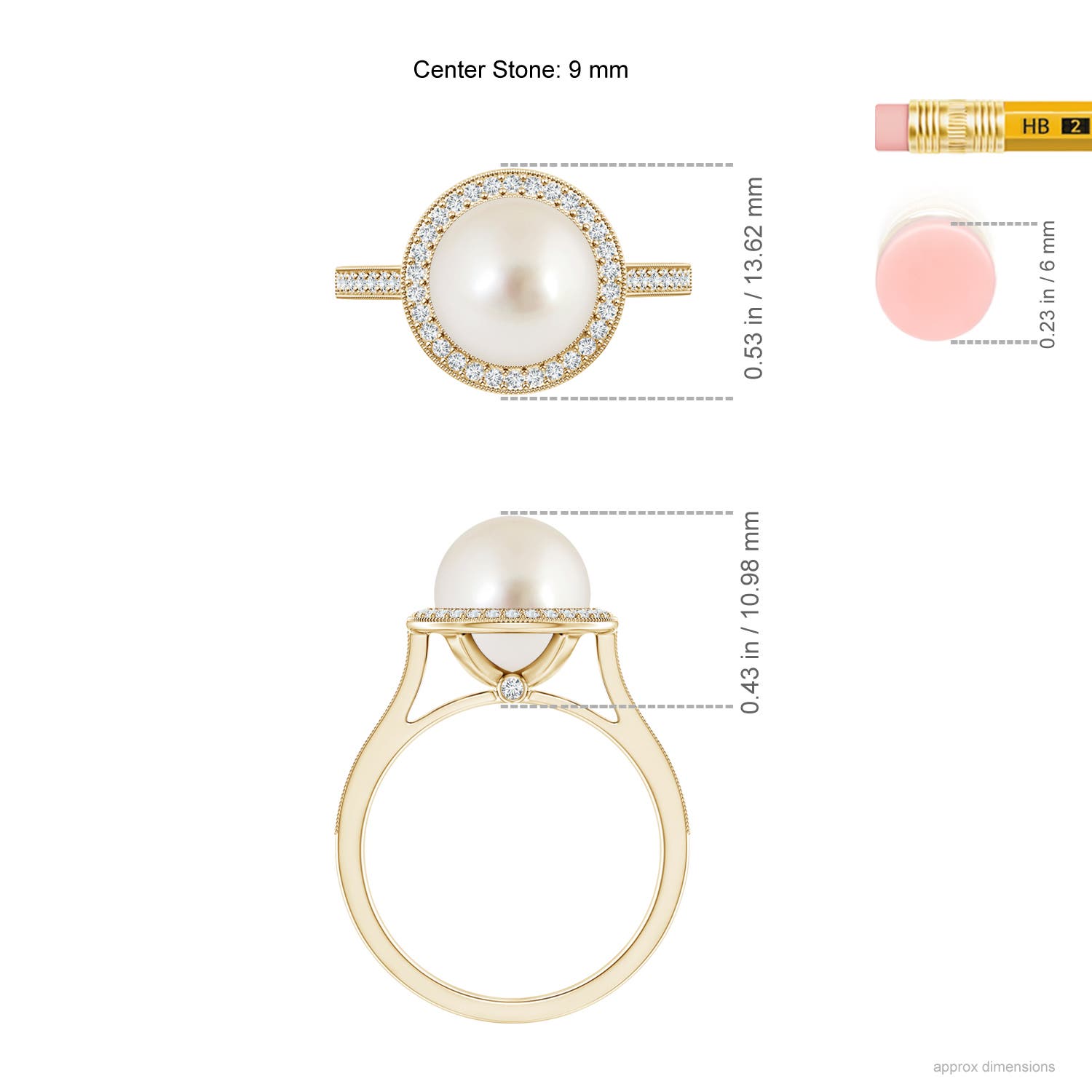 9mm AAAA South Sea Pearl Halo Ring with Milgrain in Yellow Gold - ruler
