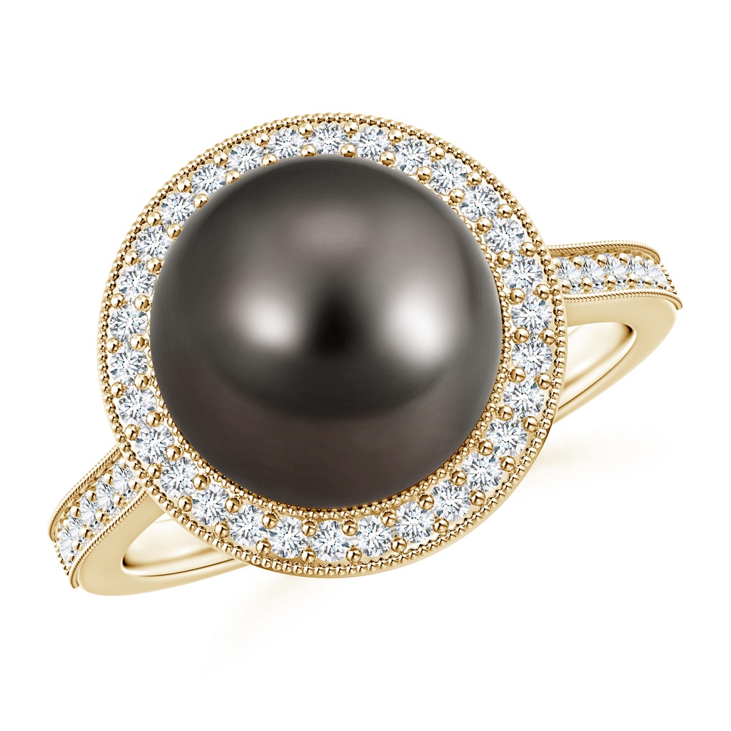 10mm AAA Tahitian Pearl Halo Ring with Milgrain in Yellow Gold