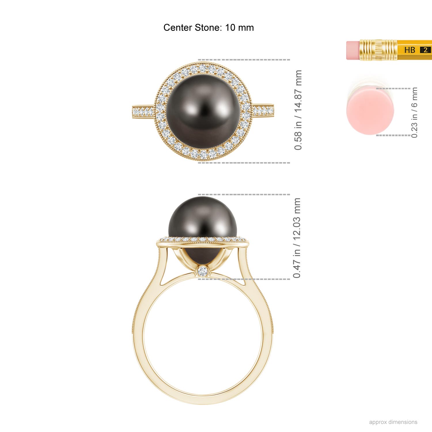 10mm AAA Tahitian Pearl Halo Ring with Milgrain in Yellow Gold - ruler