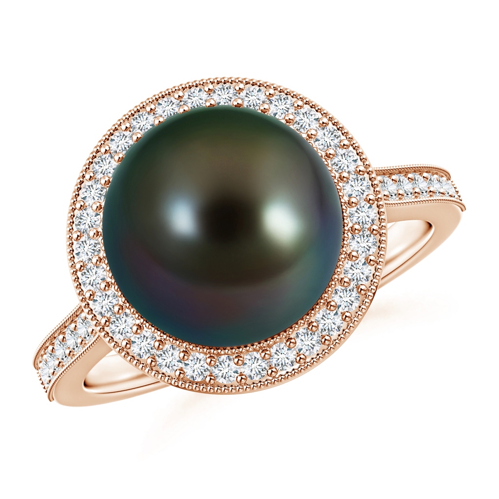 10mm AAAA Tahitian Pearl Halo Ring with Milgrain in Rose Gold