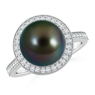 10mm AAAA Tahitian Pearl Halo Ring with Milgrain in S999 Silver