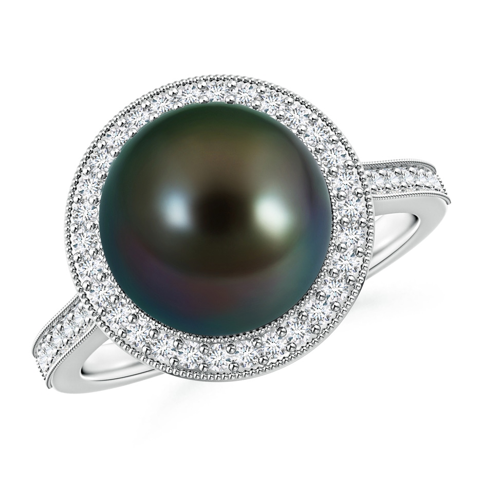10mm AAAA Tahitian Pearl Halo Ring with Milgrain in White Gold 