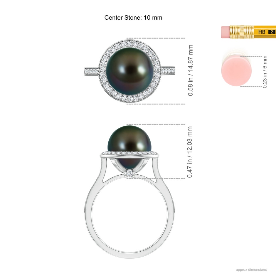 10mm AAAA Tahitian Pearl Halo Ring with Milgrain in White Gold ruler