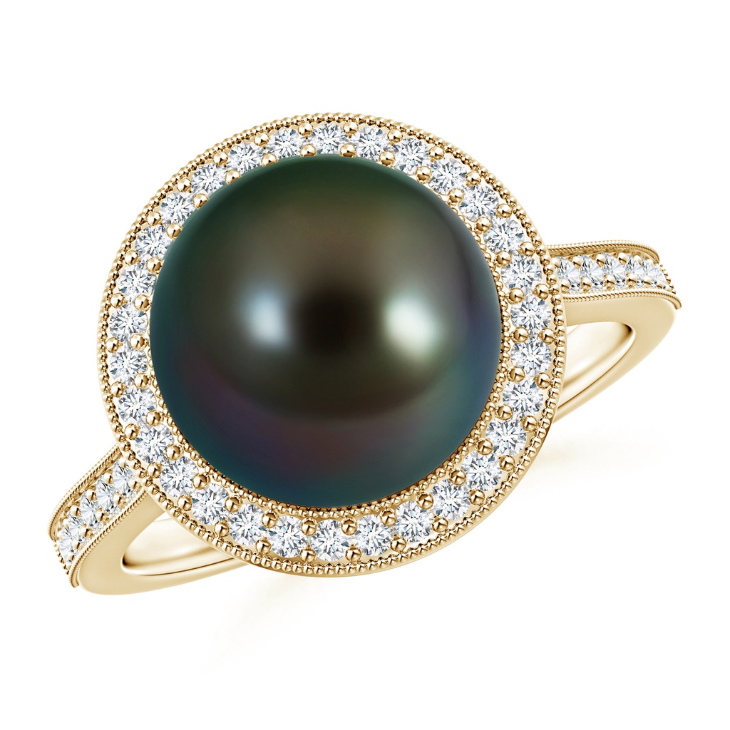 10mm AAAA Tahitian Pearl Halo Ring with Milgrain in Yellow Gold