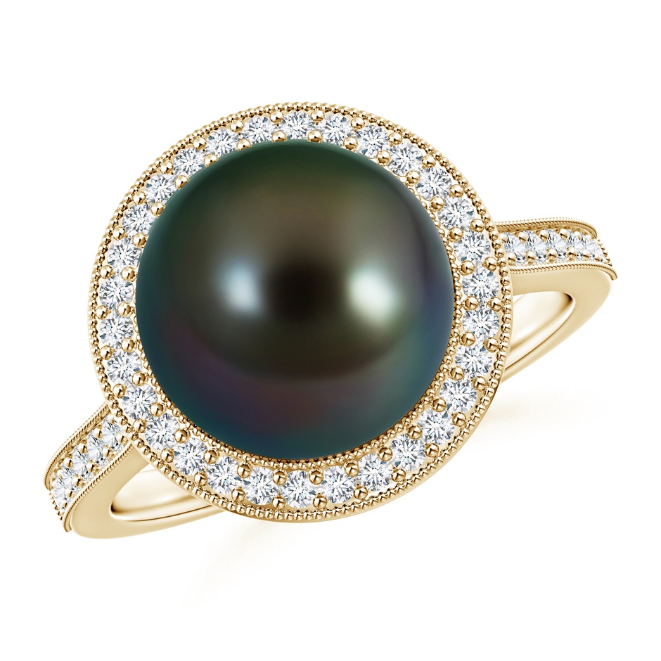 10mm AAAA Tahitian Pearl Halo Ring with Milgrain in Yellow Gold 