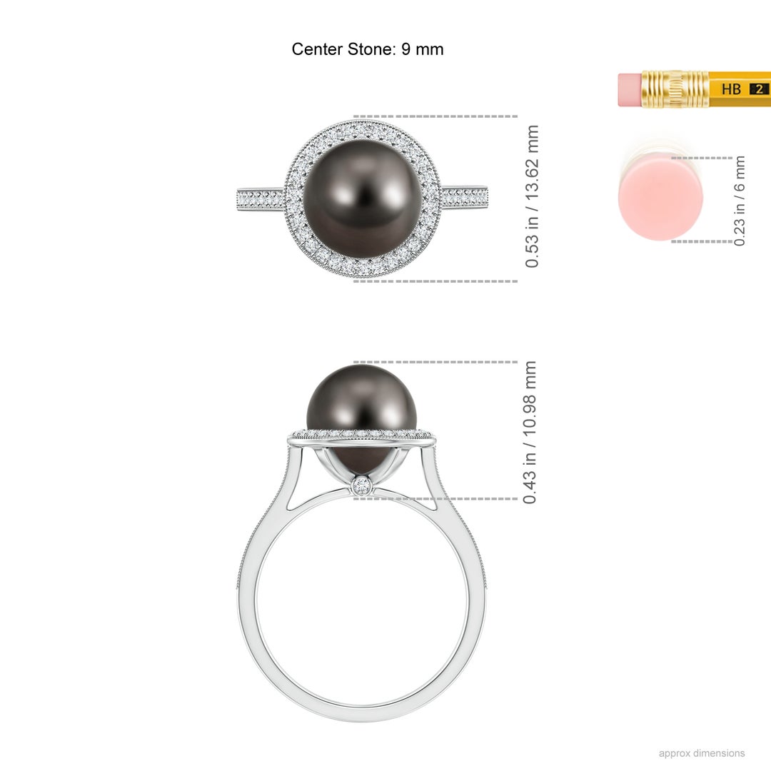 9mm AAA Tahitian Pearl Halo Ring with Milgrain in White Gold - ruler
