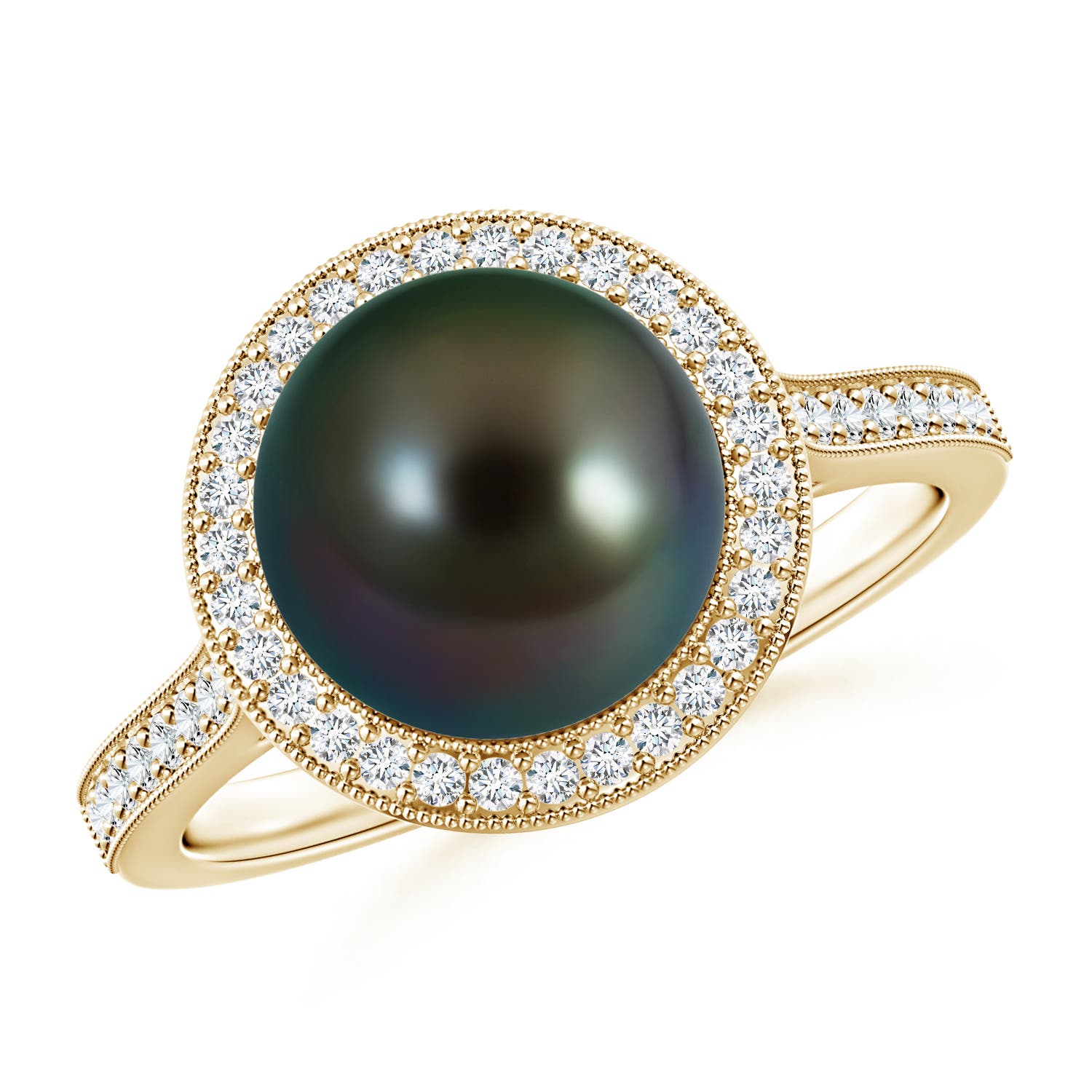 9mm AAAA Tahitian Pearl Halo Ring with Milgrain in Yellow Gold