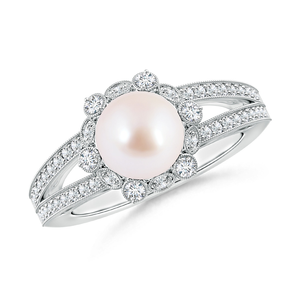 8mm AAA Akoya Cultured Pearl and Diamond Ring with Floral Halo in White Gold