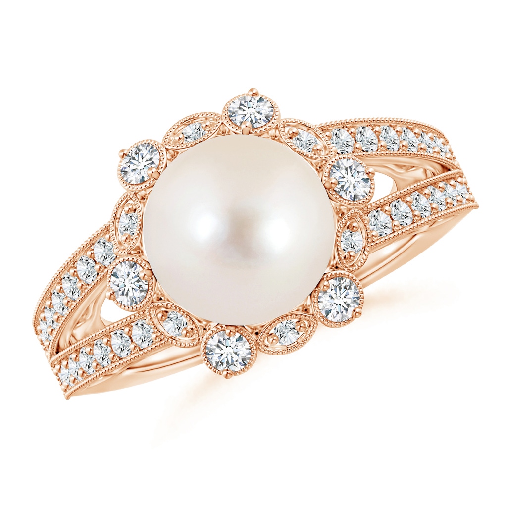 10mm AAAA Freshwater Pearl and Diamond Ring with Floral Halo in Rose Gold