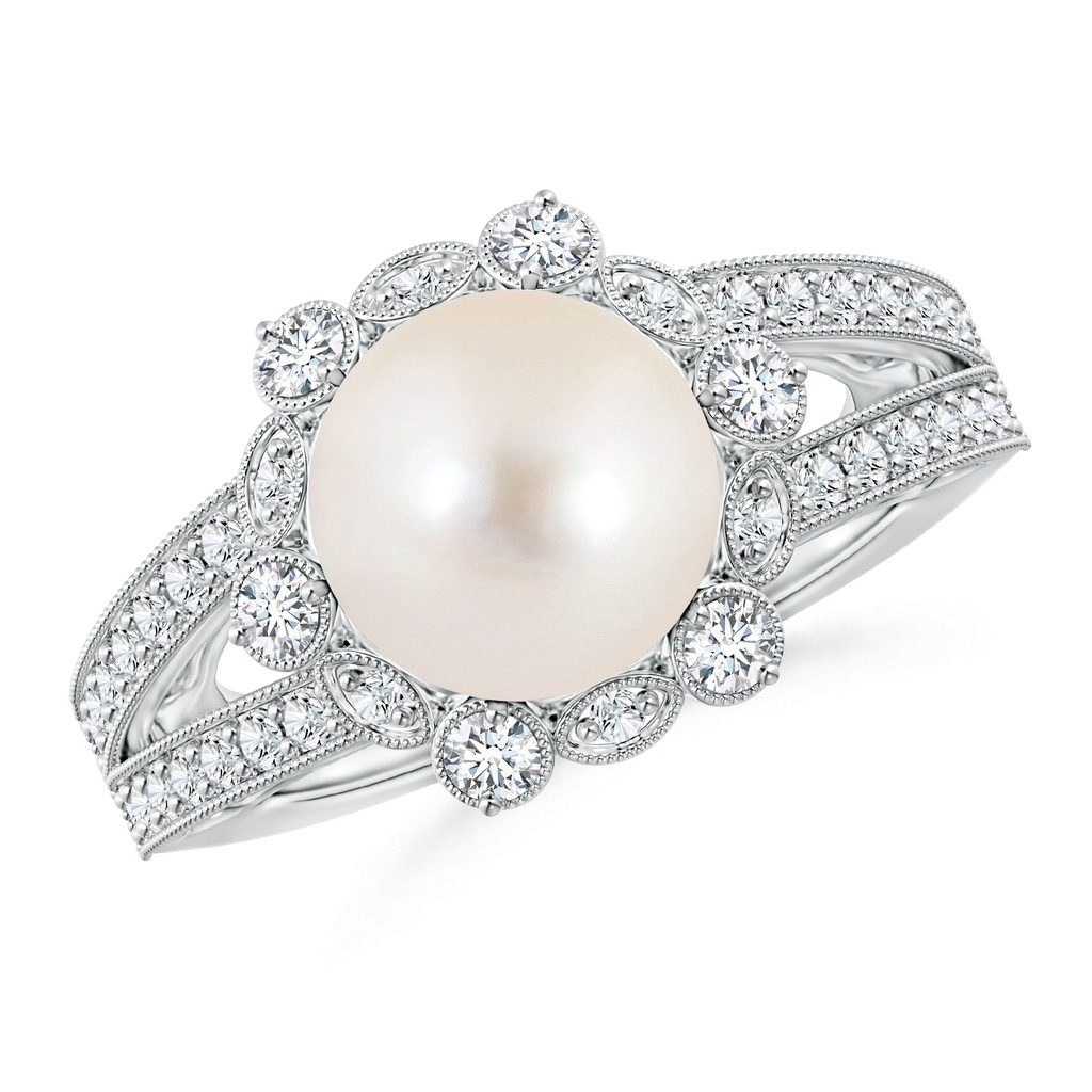 10mm AAAA Freshwater Pearl and Diamond Ring with Floral Halo in S999 Silver