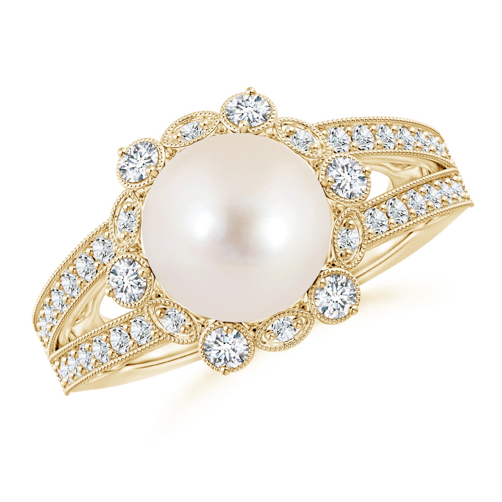 10mm AAAA Freshwater Pearl and Diamond Ring with Floral Halo in Yellow Gold