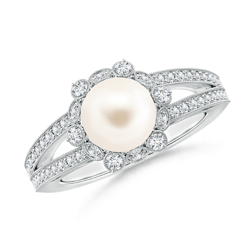 8mm AAA Freshwater Pearl and Diamond Ring with Floral Halo in White Gold