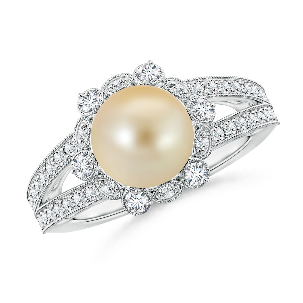 9mm AAA Golden South Sea Cultured Pearl and Diamond Ring with Floral Halo in White Gold