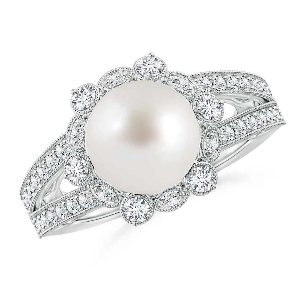 10mm AAA South Sea Pearl and Diamond Ring with Floral Halo in White Gold