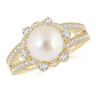 10mm AAAA South Sea Pearl and Diamond Ring with Floral Halo in Yellow Gold