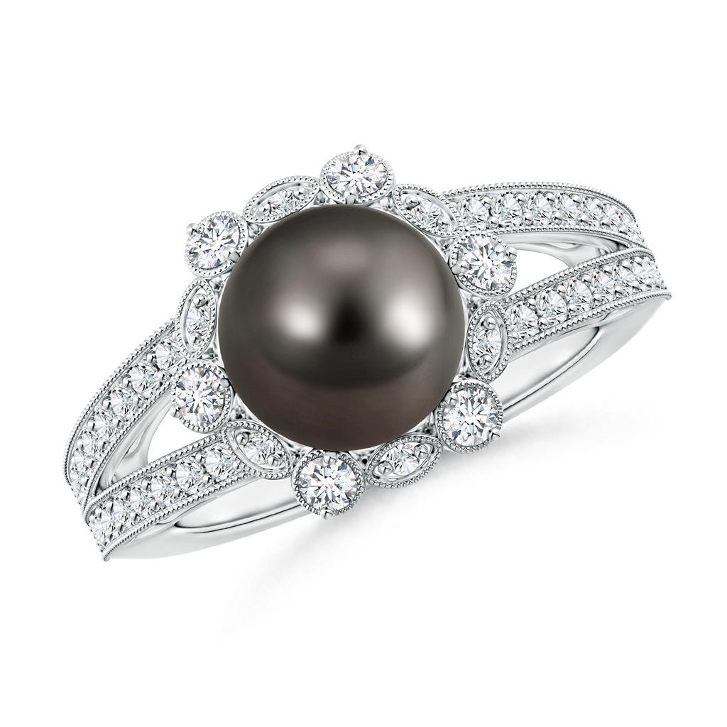 9mm AAA Tahitian Cultured Pearl and Diamond Ring with Floral Halo in White Gold