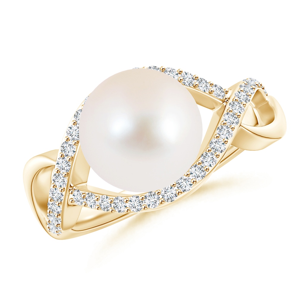 9mm AAA Freshwater Pearl Infinity Ring with Diamonds in Yellow Gold