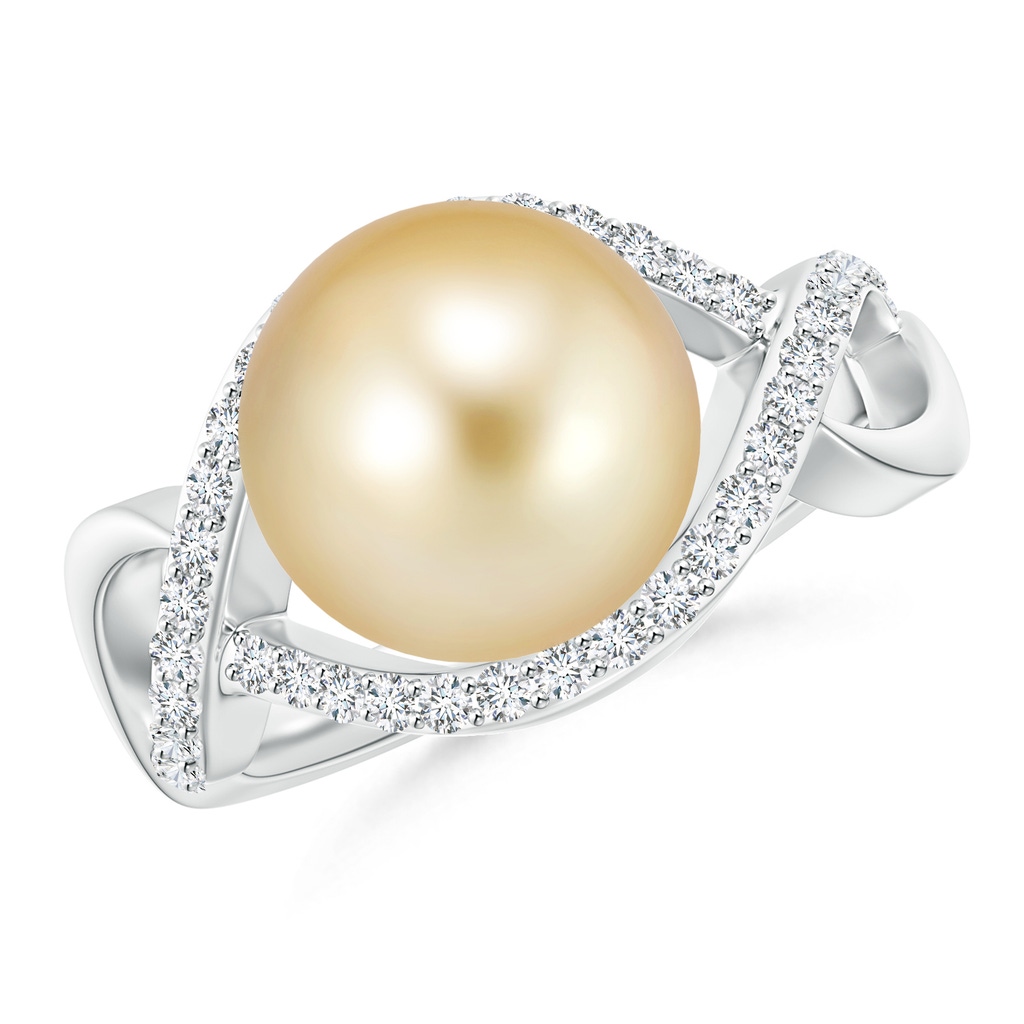 10mm AAAA Golden South Sea Cultured Pearl Infinity Ring with Diamonds in White Gold