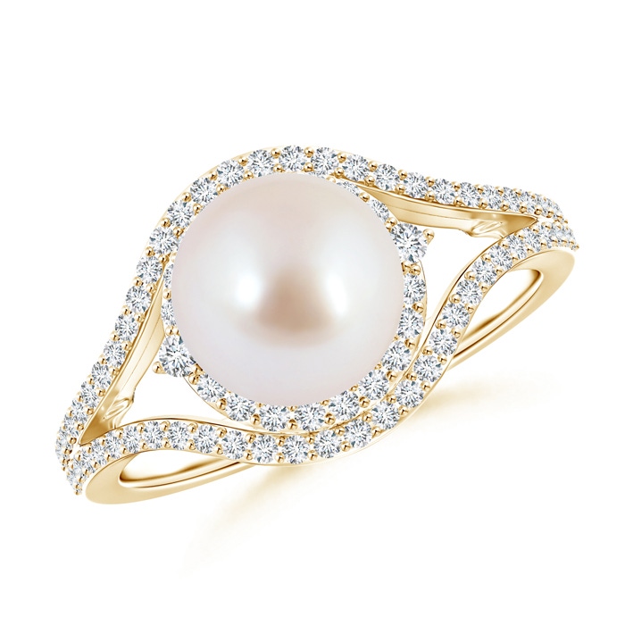 8mm AAA Akoya Cultured Pearl Split Shank Ring with Double Halo in Yellow Gold