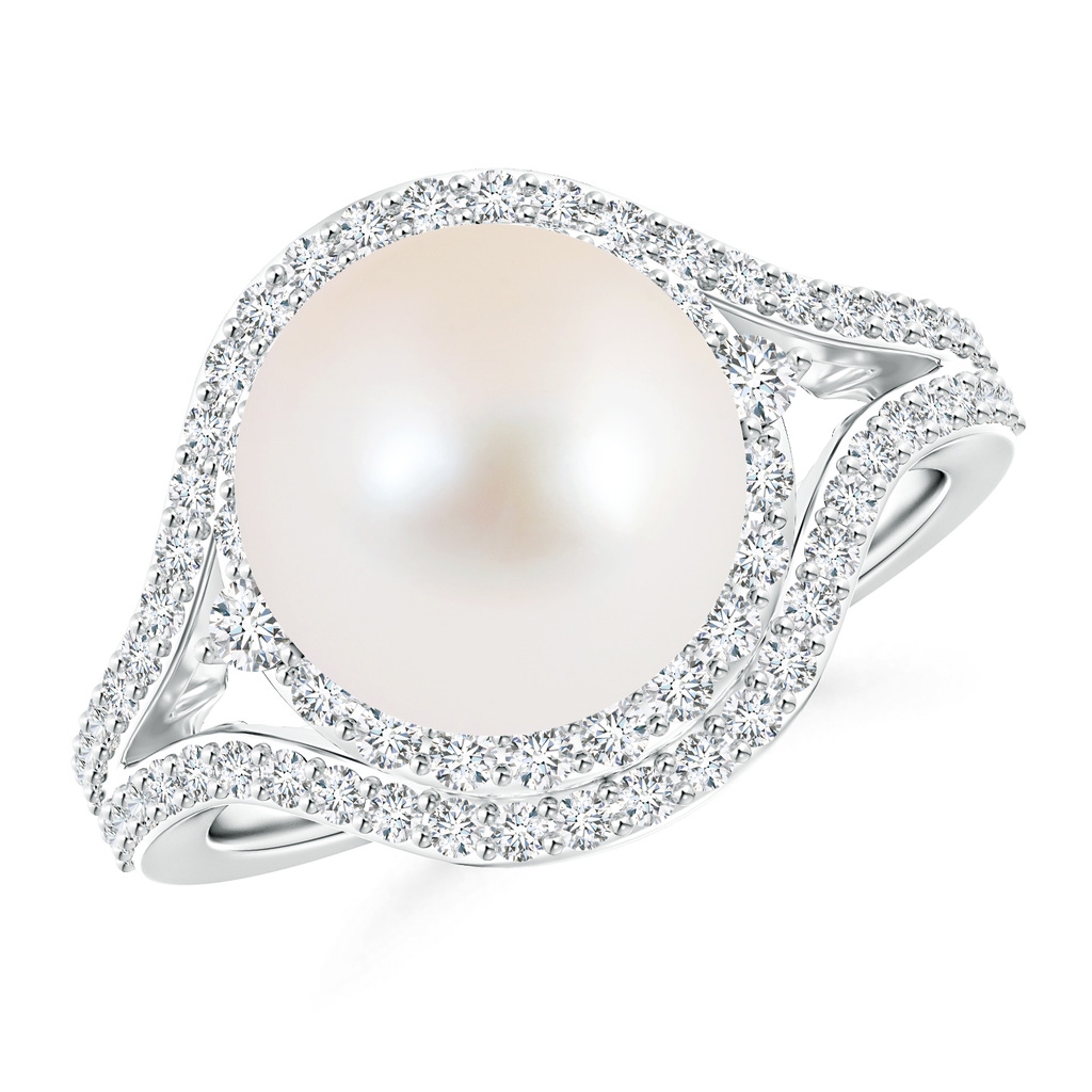 10mm AAA Freshwater Pearl Split Shank Ring with Double Halo in 10K White Gold