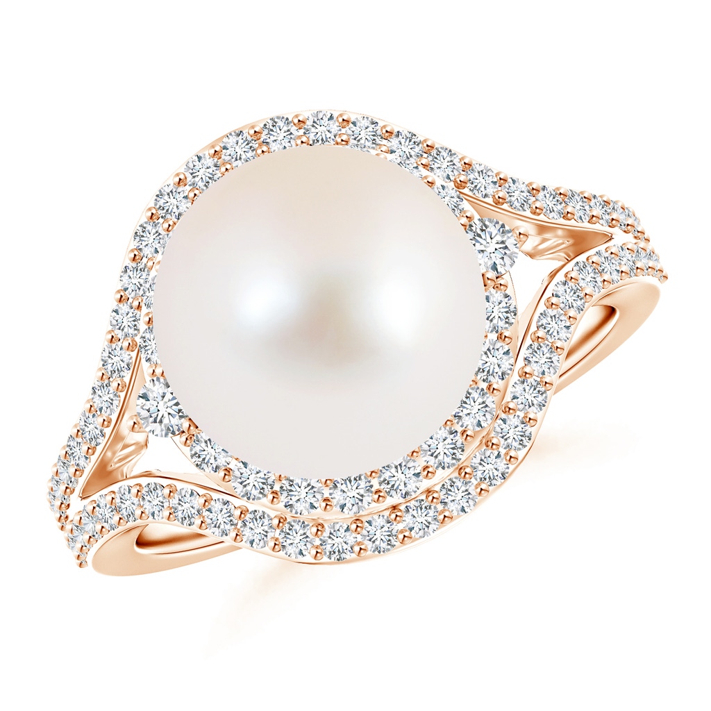 10mm AAA Freshwater Pearl Split Shank Ring with Double Halo in Rose Gold