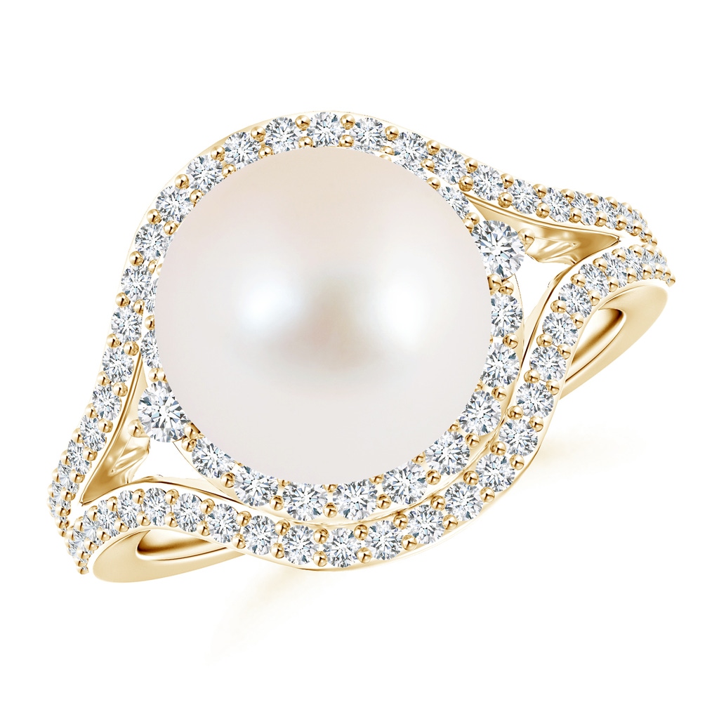 10mm AAA Freshwater Pearl Split Shank Ring with Double Halo in Yellow Gold