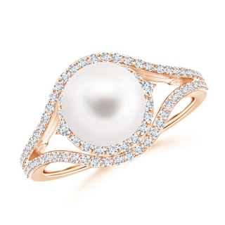 8mm AA Freshwater Pearl Split Shank Ring with Double Halo in Rose Gold