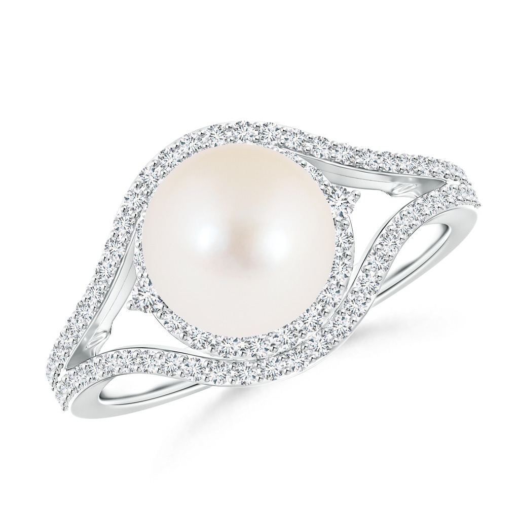 8mm AAA Freshwater Pearl Split Shank Ring with Double Halo in White Gold