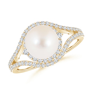 8mm AAA Freshwater Pearl Split Shank Ring with Double Halo in Yellow Gold