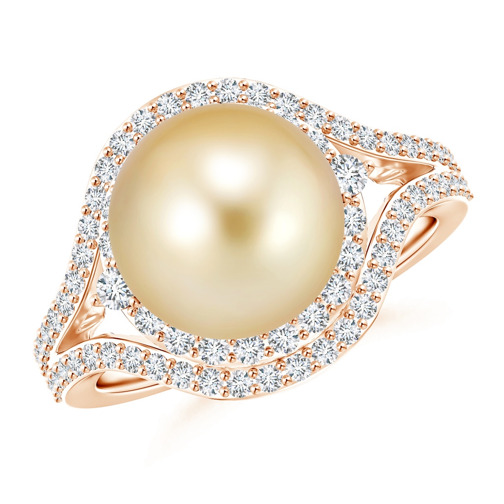 10mm AAAA Golden South Sea Cultured Pearl Ring with Double Halo in Rose Gold