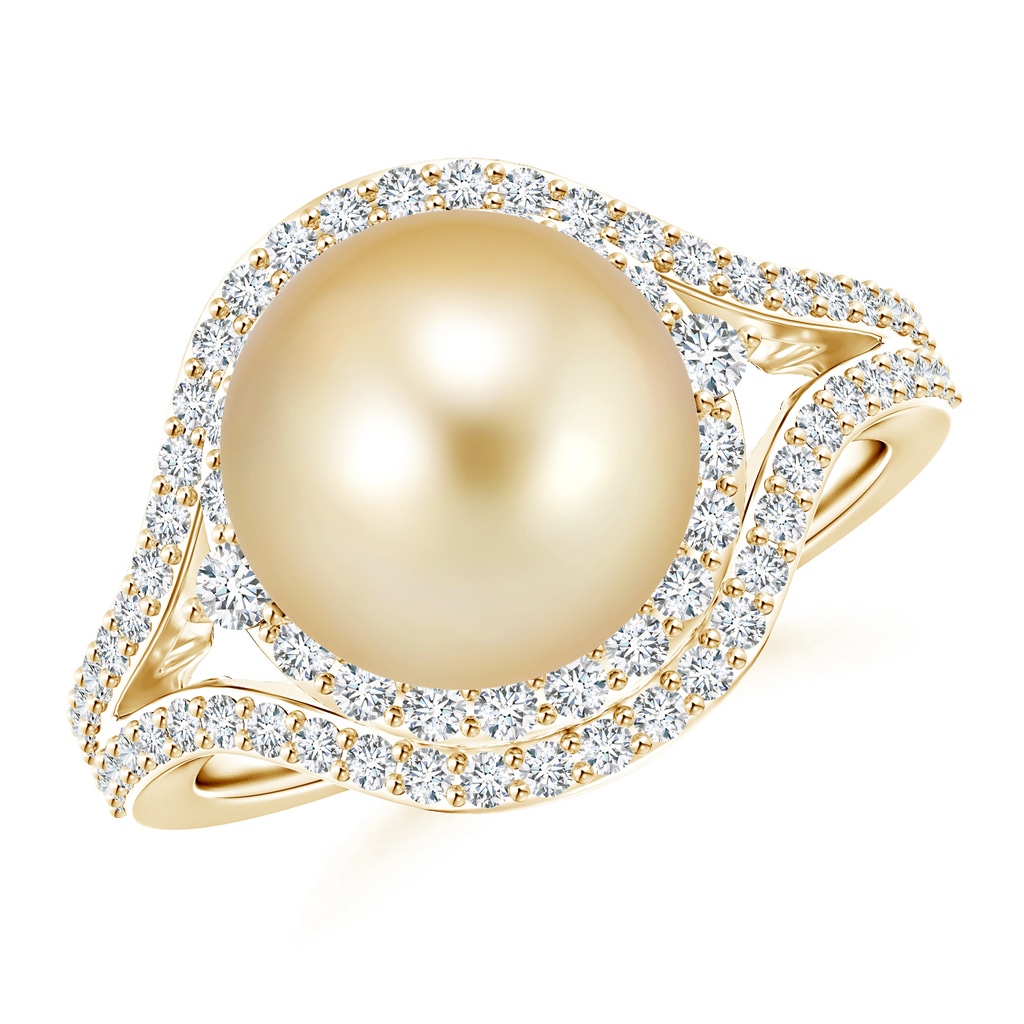 10mm AAAA Golden South Sea Cultured Pearl Ring with Double Halo in Yellow Gold