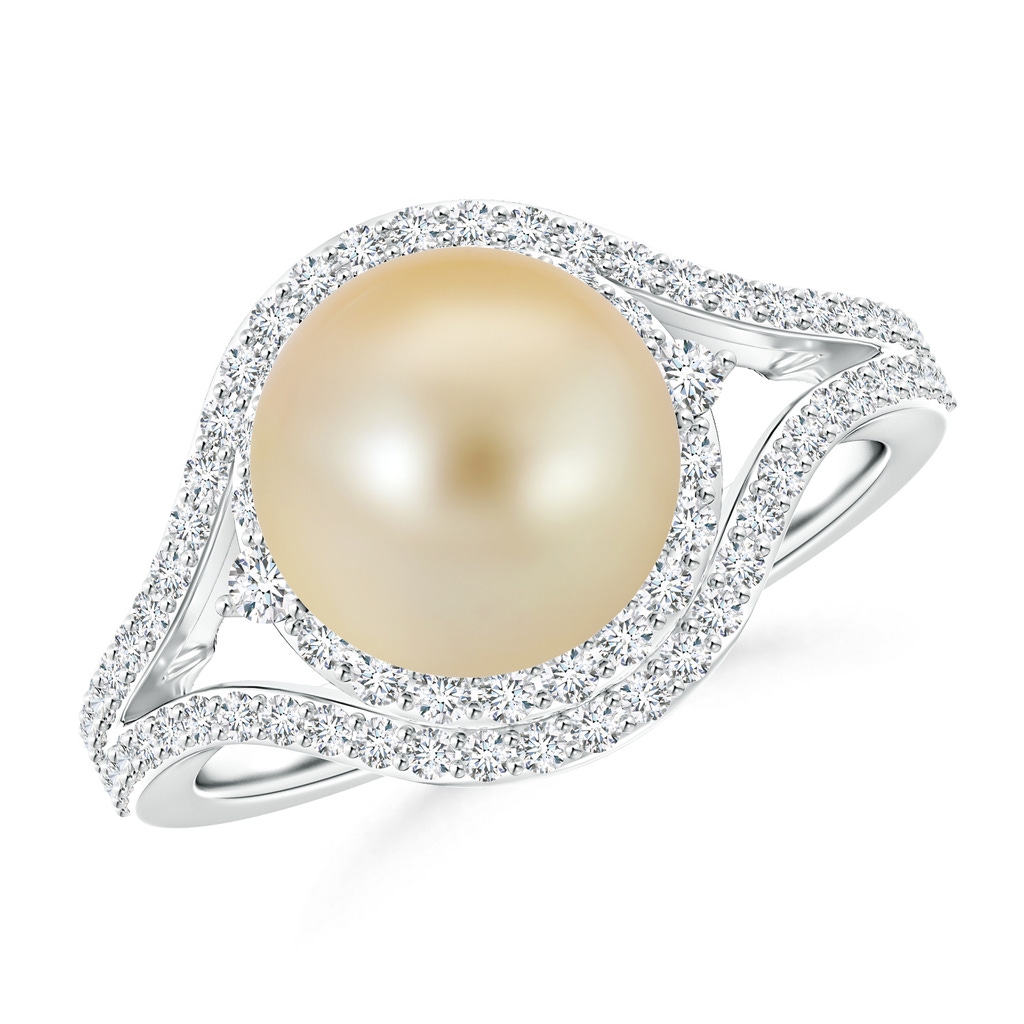 9mm AAA Golden South Sea Cultured Pearl Ring with Double Halo in White Gold 